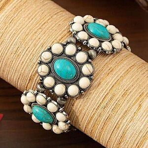 Western White & Turquoise Squash Blossom Post Bracelet